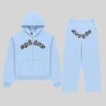 Front view of the Sp5der Mixed Stone OG V2 Zip Tracksuit in Rock Blue featuring heavy cotton fleece and metal studs.