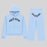 Front view of the Sp5der Mixed Stone OG V2 Zip Tracksuit in Rock Blue featuring heavy cotton fleece and metal studs.
