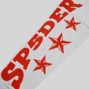 Close-up view of the bold red foil Sp5der text and star graphic detail on the sleeve of a Heather Grey zip hoodie.