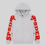 Front view of the Heather Grey Sp5der Mx555 Zip Hoodie with bold red foil graphic logo prints on the long sleeves.