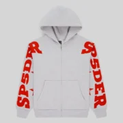 Front view of the Heather Grey Sp5der Mx555 Zip Hoodie with bold red foil graphic logo prints on the long sleeves.