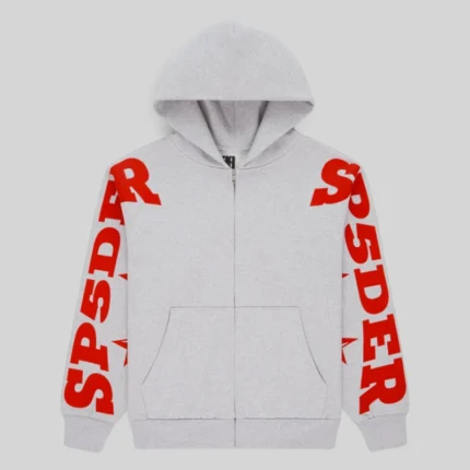 Front view of the Heather Grey Sp5der Mx555 Zip Hoodie with bold red foil graphic logo prints on the long sleeves.