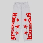 Front view of the Heather Grey Sp5der Mx555 sweatpants featuring signature red foil SP5DER text and star graphic prints.