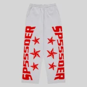 Front view of the Heather Grey Sp5der Mx555 sweatpants featuring signature red foil SP5DER text and star graphic prints.