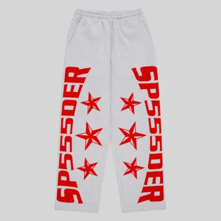 Front view of the Heather Grey Sp5der Mx555 sweatpants featuring signature red foil SP5DER text and star graphic prints.