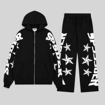 Front view of the Sp5der MX555 zip tracksuit in black featuring signature graphic prints and cotton fleece material.