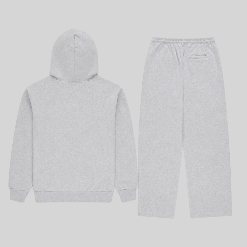 Back view of the Sp5der Mx555 zip hoodie and matching sweatpants set in a clean Heather Grey colorway.