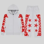 Sp5der Mx555 Zip Tracksuit in Heather Grey featuring red foil logo and star graphics on hoodie and matching sweatpants