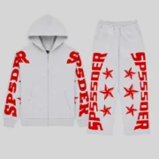 Sp5der Mx555 Zip Tracksuit in Heather Grey featuring red foil logo and star graphics on hoodie and matching sweatpants