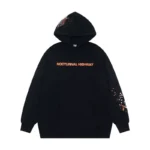 Front view of the Sp5der Nocturnal Highway black hoodie featuring detailed graphic prints and a comfortable relaxed fit.