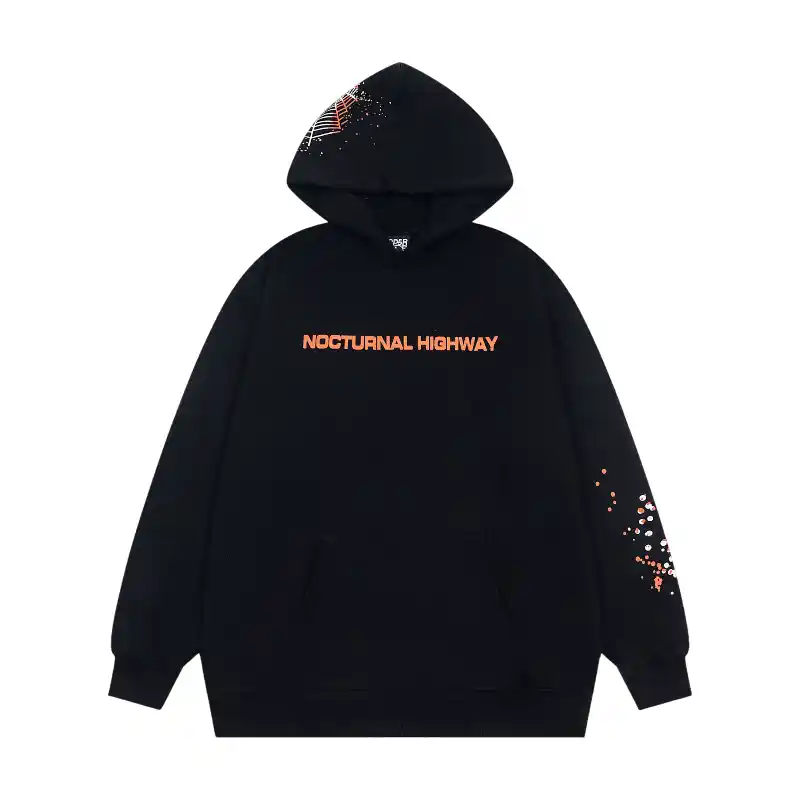 Sp5der Nocturnal Highway Hoodie Black Front View Front view of the Sp5der Nocturnal Highway black hoodie featuring detailed graphic prints and a comfortable relaxed fit.
