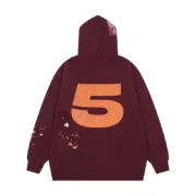 Back view of the maroon Sp5der Nocturnal Highway hoodie featuring a large number 5 graphic and distressed spiderweb detail.