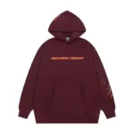 Front view of the Sp5der Nocturnal Highway Hoodie in a maroon colorway featuring premium fabric and relaxed fit style.