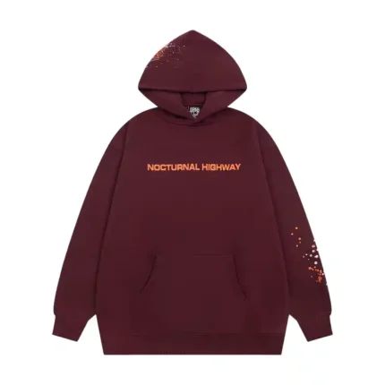 Front view of the Sp5der Nocturnal Highway Hoodie in a maroon colorway featuring premium fabric and relaxed fit style.