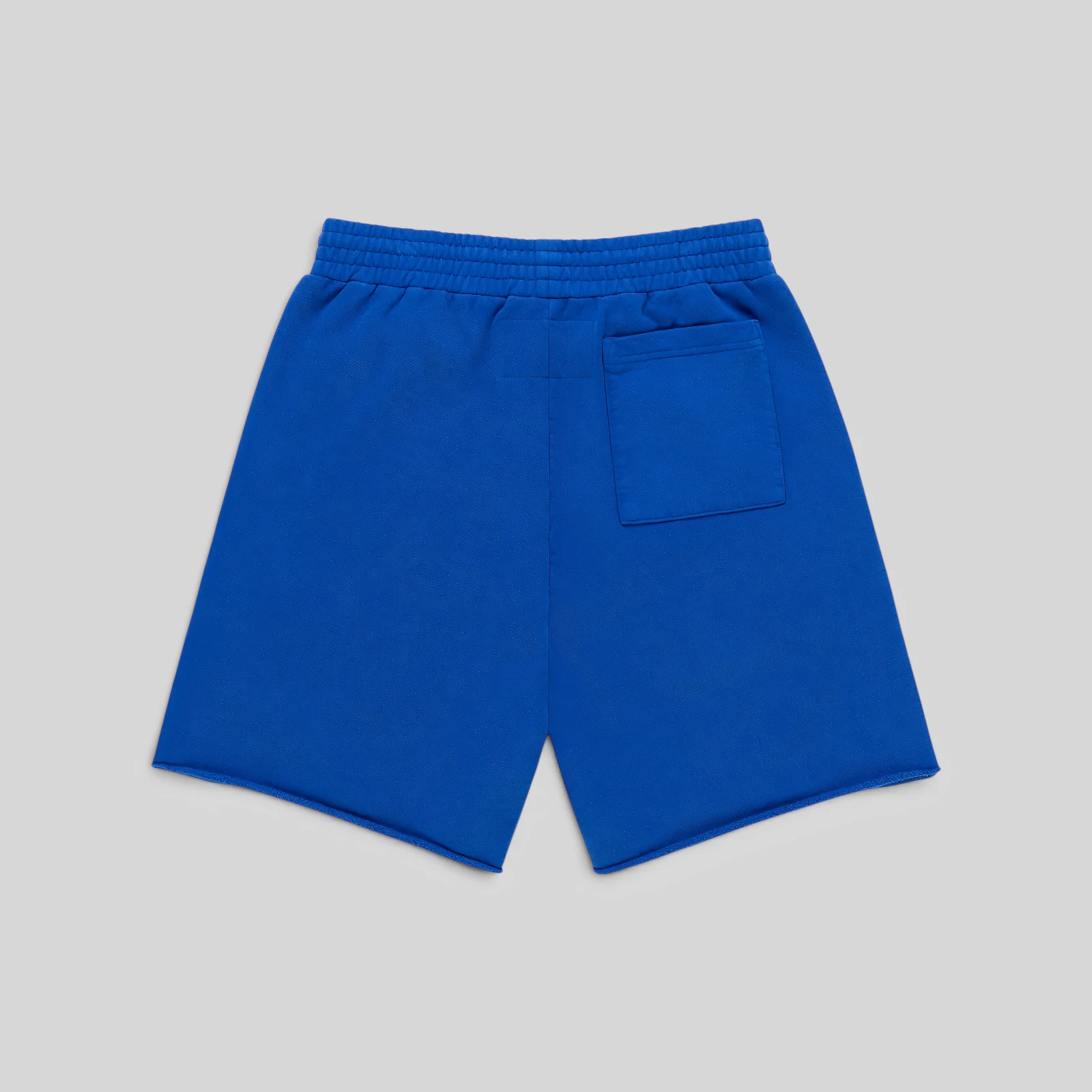 Back view of the Sp5der OG Logo Sweatshort in blue featuring premium 13oz cotton fleece and a back patch pocket.
