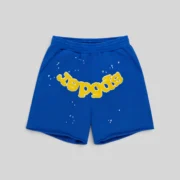 Sp5der Blue OG Logo Cotton Fleece Sweatshorts featuring a yellow crotch logo and all-over star graphic print design.