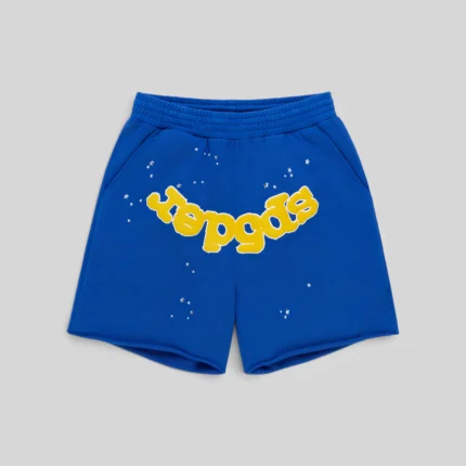 Sp5der Blue OG Logo Cotton Fleece Sweatshorts featuring a yellow crotch logo and all-over star graphic print design.