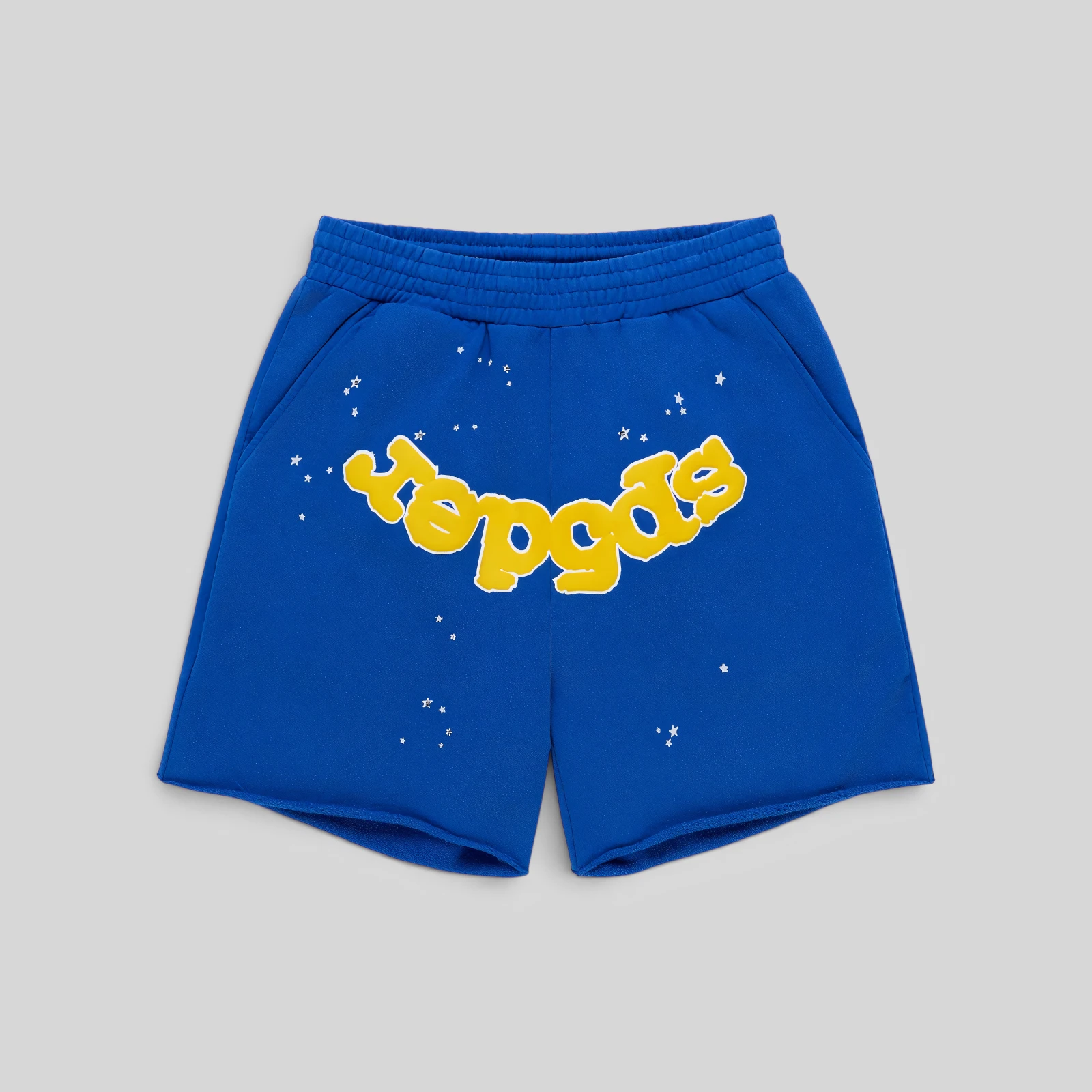 Sp5der Blue OG Logo Cotton Fleece Sweatshorts featuring a yellow crotch logo and all-over star graphic print design.