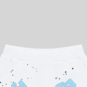 Closeup of Sp5der OG Logo White Sweatshorts featuring the blue SP5DER graphic print on the front and star pattern.