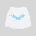 Front view of white Sp5der OG Logo sweatshorts featuring blue branding and an all-over black star print pattern.