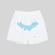 Front view of white Sp5der OG Logo sweatshorts featuring blue branding and an all-over black star print pattern.