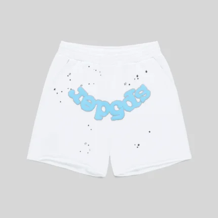 Front view of white Sp5der OG Logo sweatshorts featuring blue branding and an all-over black star print pattern.