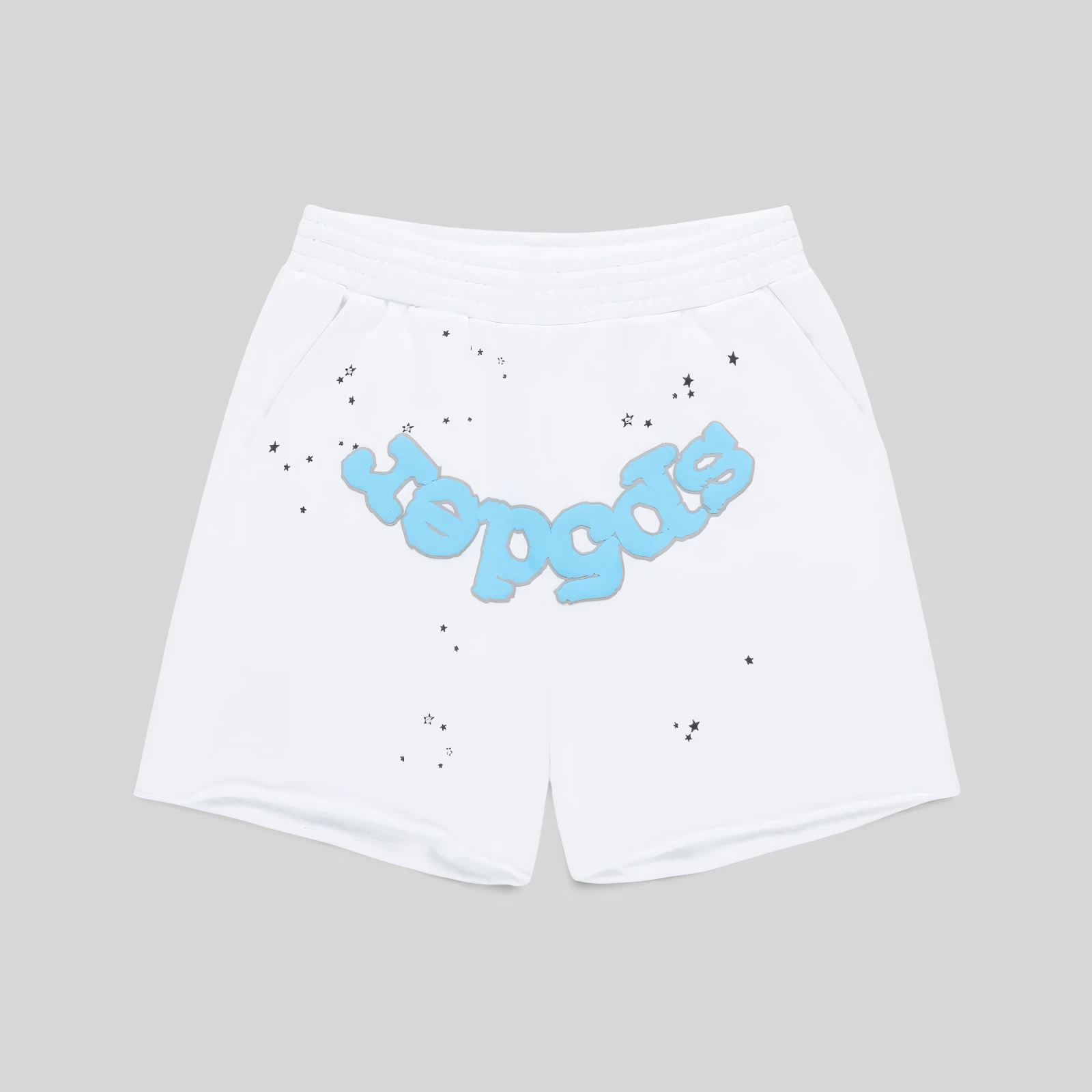 Front view of white Sp5der OG Logo sweatshorts featuring blue branding and an all-over black star print pattern.