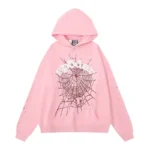 Front view of the Sp5der OG Web Hoodie in a vibrant pink colorway with iconic web graphic and premium fleece design