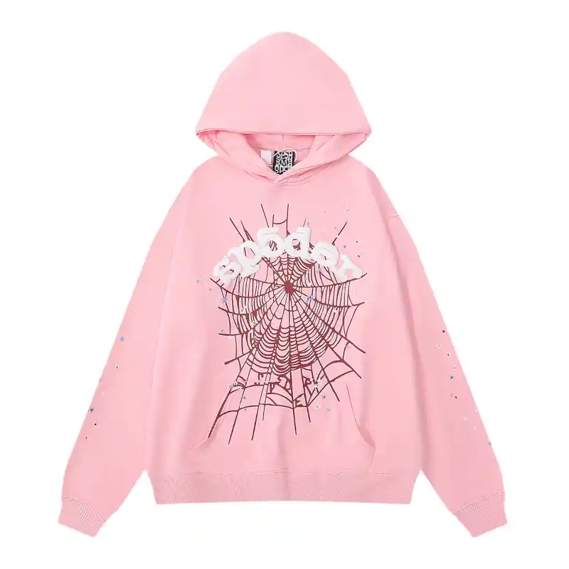 Sp5der OG Web Hoodie Pink Front View Front view of the Sp5der OG Web Hoodie in a vibrant pink colorway with iconic web graphic and premium fleece design