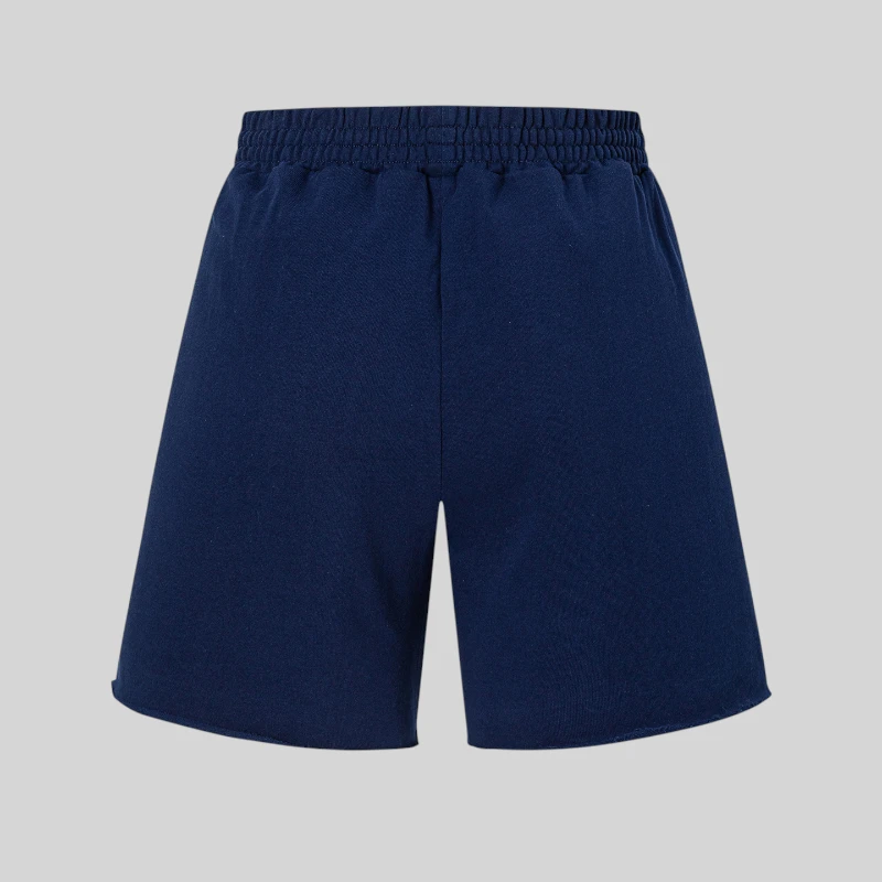 Back view of the Sp5der OG Web Logo Sweat Shorts in Navy Blue, featuring a premium 100% cotton fleece standard fit.