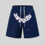 Navy blue Sp5der OG Web Logo sweat shorts featuring a drawstring elastic waistband and graphic star print details.