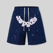 Navy blue Sp5der OG Web Logo sweat shorts featuring a drawstring elastic waistband and graphic star print details.