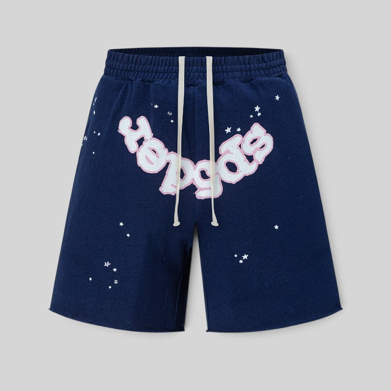 Navy blue Sp5der OG Web Logo sweat shorts featuring a drawstring elastic waistband and graphic star print details.