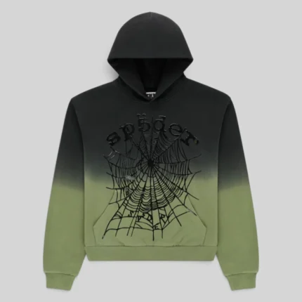 Sp5der OG Web Ombre Hoodie in black and olive green featuring a front signature web graphic puff print design.