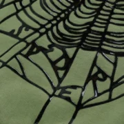 Close-up of the Sp5der OG Web Ombre Hoodie in black and olive green featuring a signature puff print spider web design.