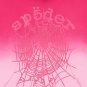 Close-up of the Sp5der OG Web Ombre Hoodie in pink featuring signature web graphic puff print on the chest.