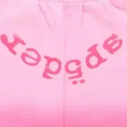 Close-up view of the Sp5der branding and logo detail featured on the crotch of the Pink OG Web Ombre sweatpants.