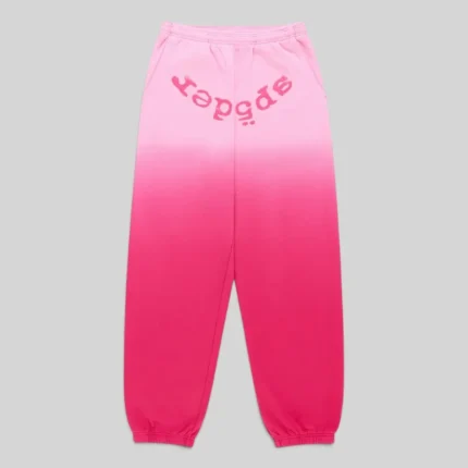 Front view of the Pink Sp5der OG Web Ombre Sweatpants featuring a signature puff print graphic on 100% cotton fleece.