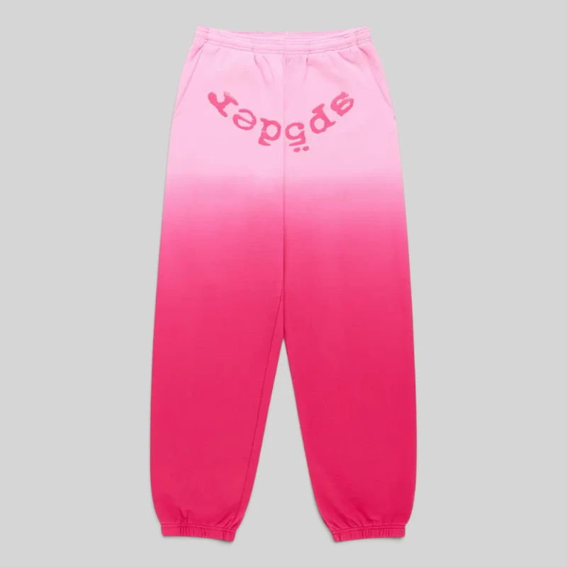 Front view of the Pink Sp5der OG Web Ombre Sweatpants featuring a signature puff print graphic on 100% cotton fleece.