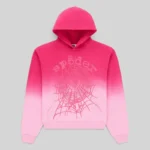 Sp5der OG Web Ombre Hoodie in Pink featuring signature web graphics and a vibrant gradient fleece design front view.