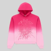 Sp5der OG Web Ombre Hoodie in Pink featuring signature web graphics and a vibrant gradient fleece design front view.