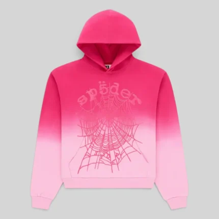 Sp5der OG Web Ombre Hoodie in Pink featuring signature web graphics and a vibrant gradient fleece design front view.