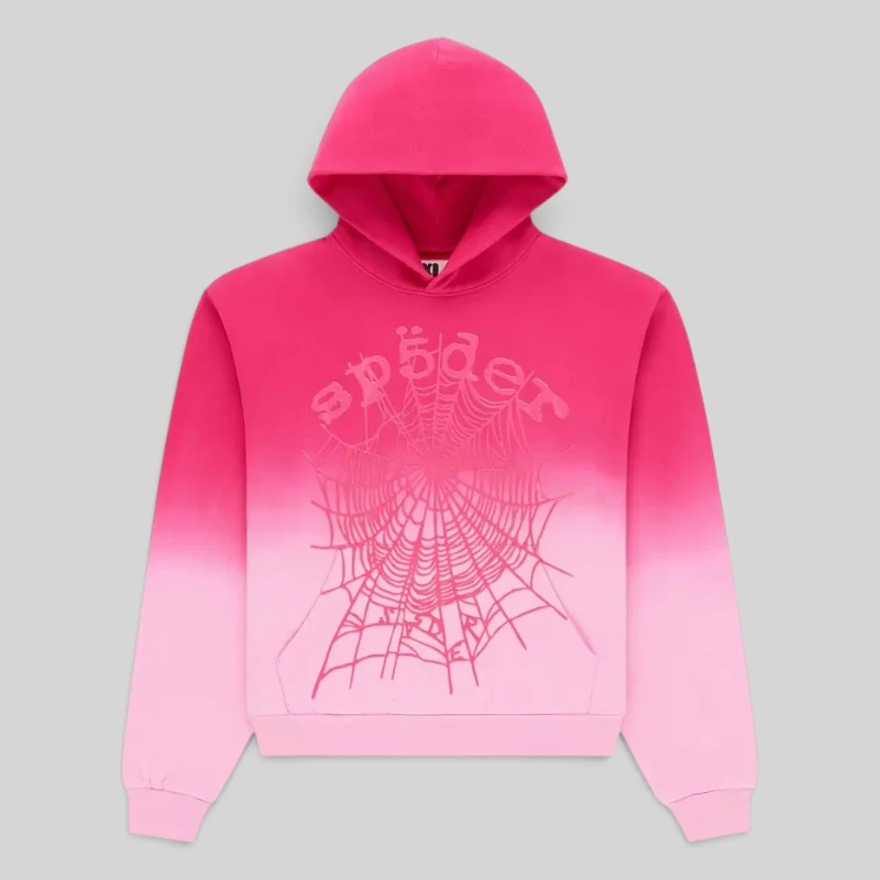 Sp5der OG Web Ombre Hoodie Pink Front View Sp5der OG Web Ombre Hoodie in Pink featuring signature web graphics and a vibrant gradient fleece design front view.