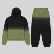 Back view of the Sp5der OG Web Ombre Tracksuit in black and olive, featuring a 13oz cotton fleece hooded set.