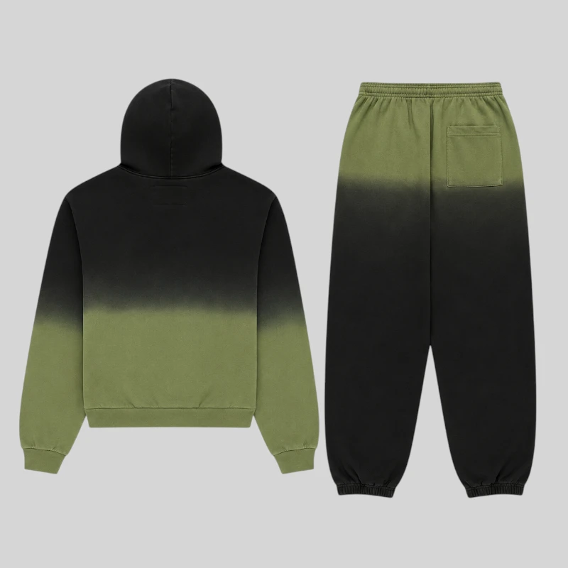 Back view of the Sp5der OG Web Ombre Tracksuit in black and olive, featuring a 13oz cotton fleece hooded set.