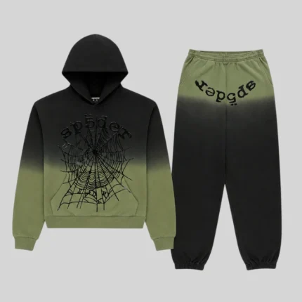 Sp5der OG Web Ombre Tracksuit in Black featuring a signature spider web graphic, gradient design, and 100% cotton fleece.
