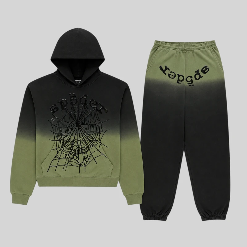 Sp5der OG Web Ombre Tracksuit in Black featuring a signature spider web graphic, gradient design, and 100% cotton fleece.