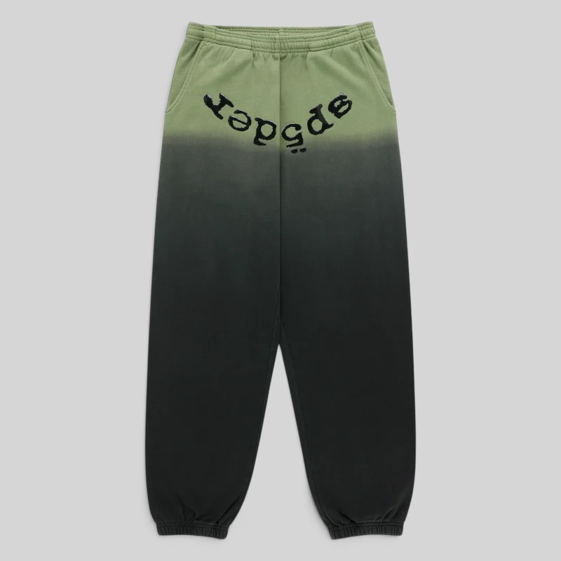 Front view of the Sp5der OG Web Ombre sweatpants in black featuring a unique gradient design and puff print branding.