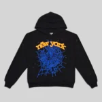 Front view of the black Sp5der OG Web V2 Knicks Alternate Hoodie with blue web and orange New York graphic print