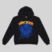 Front view of the black Sp5der OG Web V2 Knicks Alternate Hoodie with blue web and orange New York graphic print